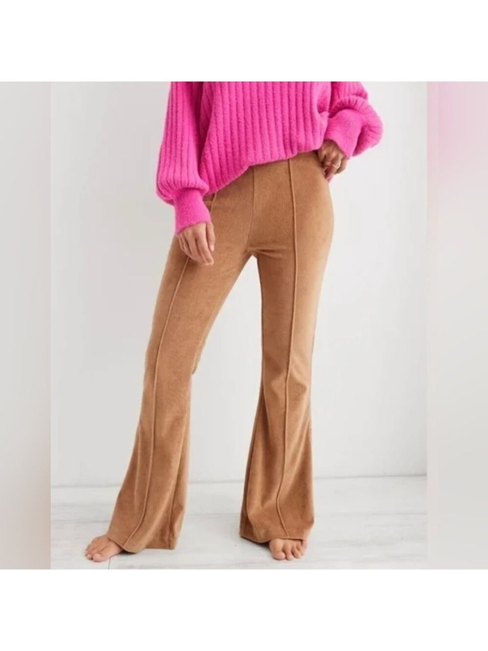 Aerie Groove On Women's Tan Ribbed Flare Pants